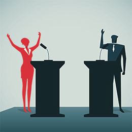 Male and female candidates face off behind podiums.