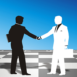 Graphic of a two men shaking hands on a chessboard