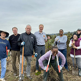 WSBA Board of Governors and staff take a break from removing blackberry bushes at the University of Washington Horticulture Center.