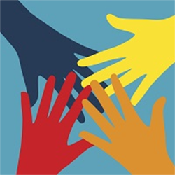 Graphic of four multicolor hands