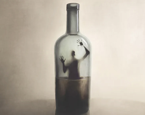 Graphic of a shadowy figure trapped in a bottle. 