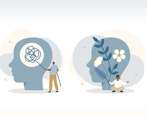 Illustration with male and female figures invoking life and logic concept.