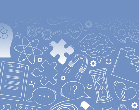 Graphic with various symbols of knowledge, time, communcation